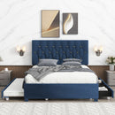 BLUE QUEEN SIZE TRUNDLE PULL OUT DRAWERS STORAGE UPHOLSTERED BED MODERN  DESIGN NO BOX SPRING REQUIRED