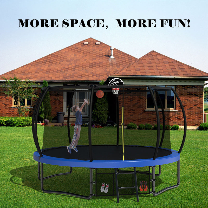 12' Recreational Kids Trampoline With Safety Enclosure Net & Ladder, Outdoor Recreational Trampolines