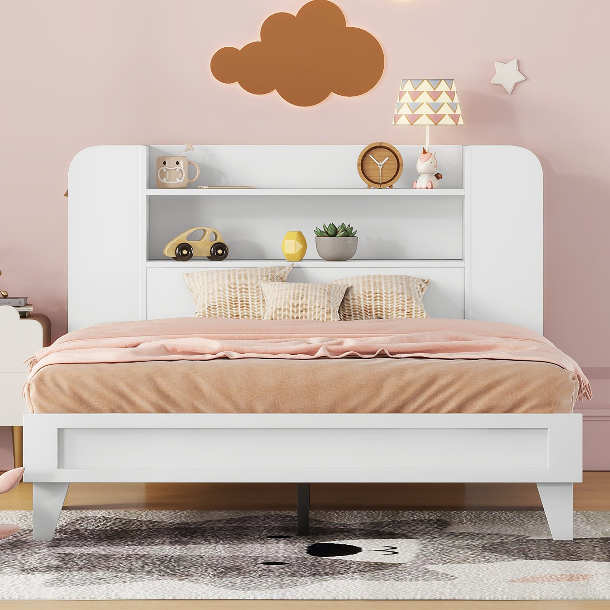 Full Size Platform Bed with Storage Headboard,Multiple Storage Shelves on Both Sides,White - Atlantic Fine Furniture Melbourne FL