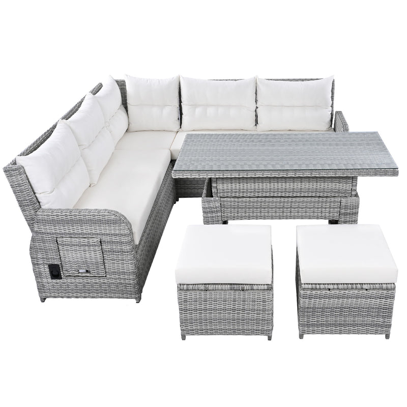 Outdoor Furniture Set Patio Rattan Furniture Set With Adjustable Table, Recliners With Extendable Side Tables And 2 Ottomans
