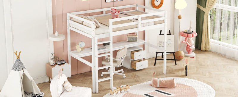 Loft Wood Bed With Under-Bed, Built-In Desk, A Storage Cabinet Of 2 Drawers, Guardrails, Ladder