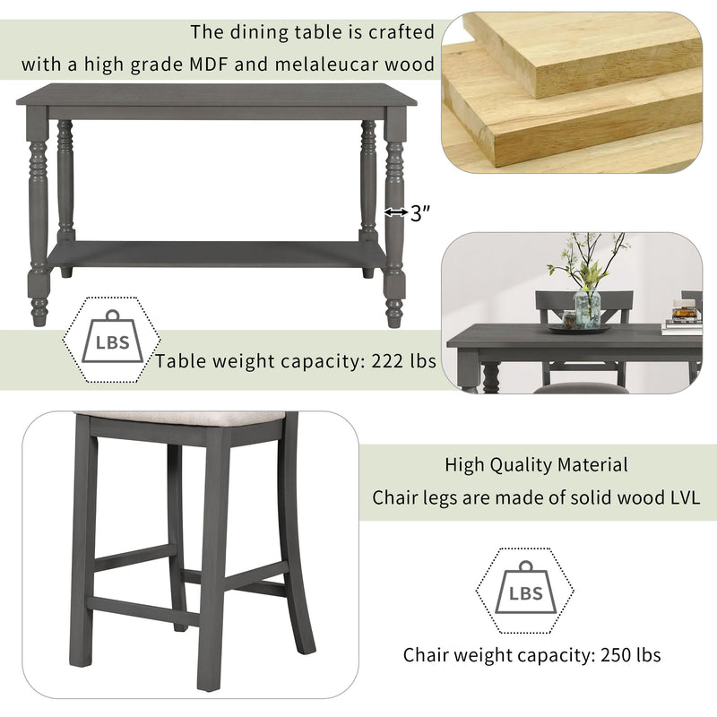 6 Piece Counter Height Dining Table Set With Shelf, 4 Chairs And Bench