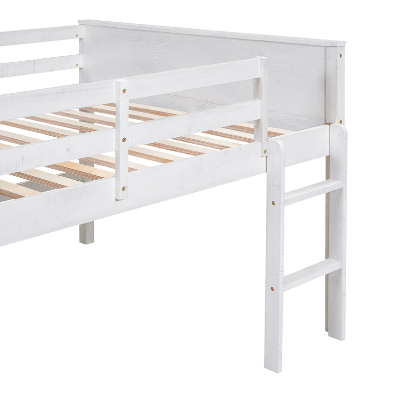 Wood Full Size Loft Bed with Hanging Clothes Racks, White