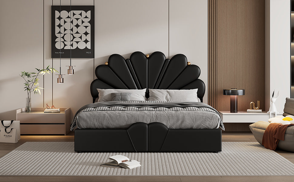 Queen Size Upholstered  Petal Shaped Platform Bed  with Hydraulic Storage System, PU Storage Bed, Decorated with metal balls, Black - Atlantic Fine Furniture Melbourne FL