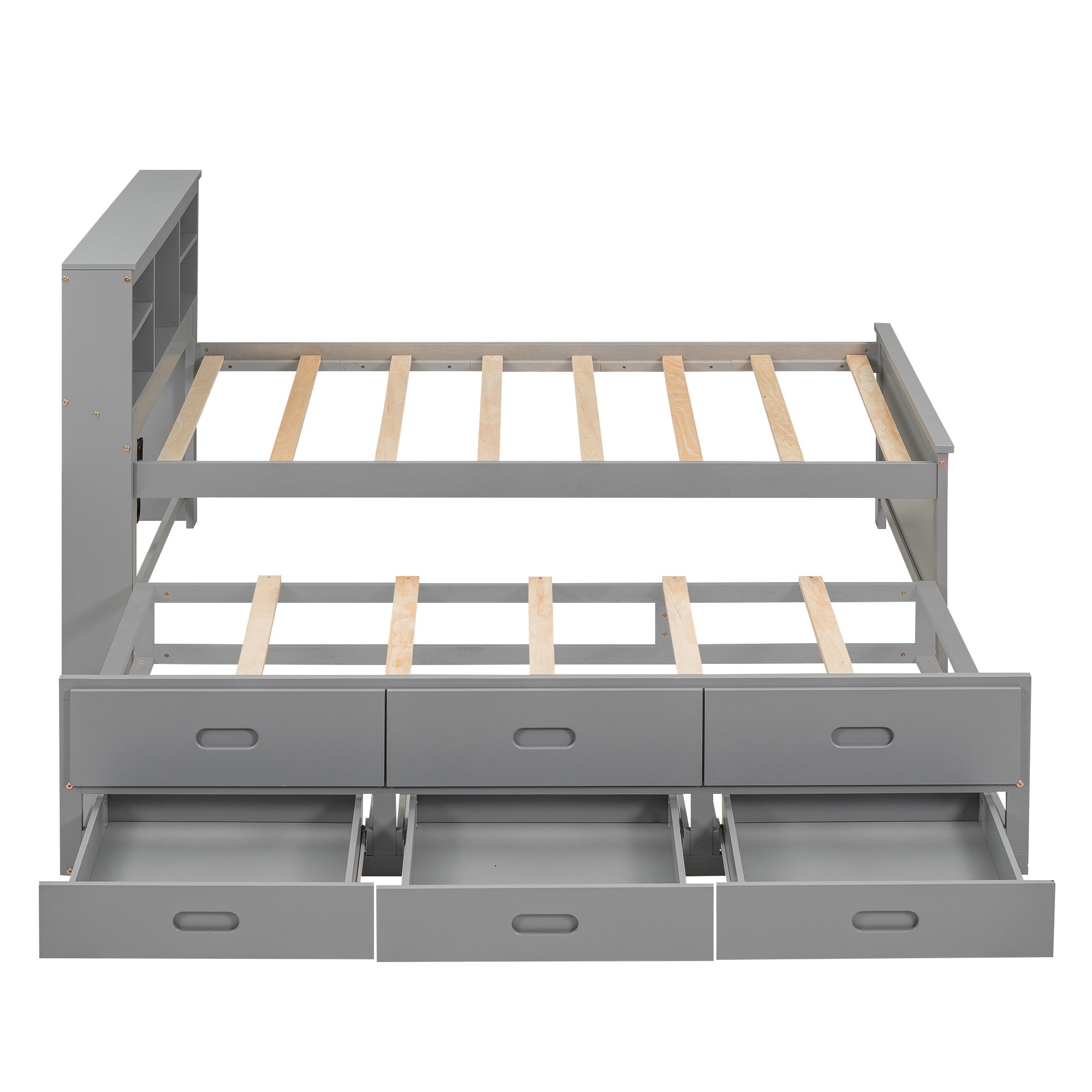 Twin Size Platform Bed with Storage Headboard, USB, Twin Size Trundle and 3 Drawers, Gray - Atlantic Fine Furniture Melbourne FL