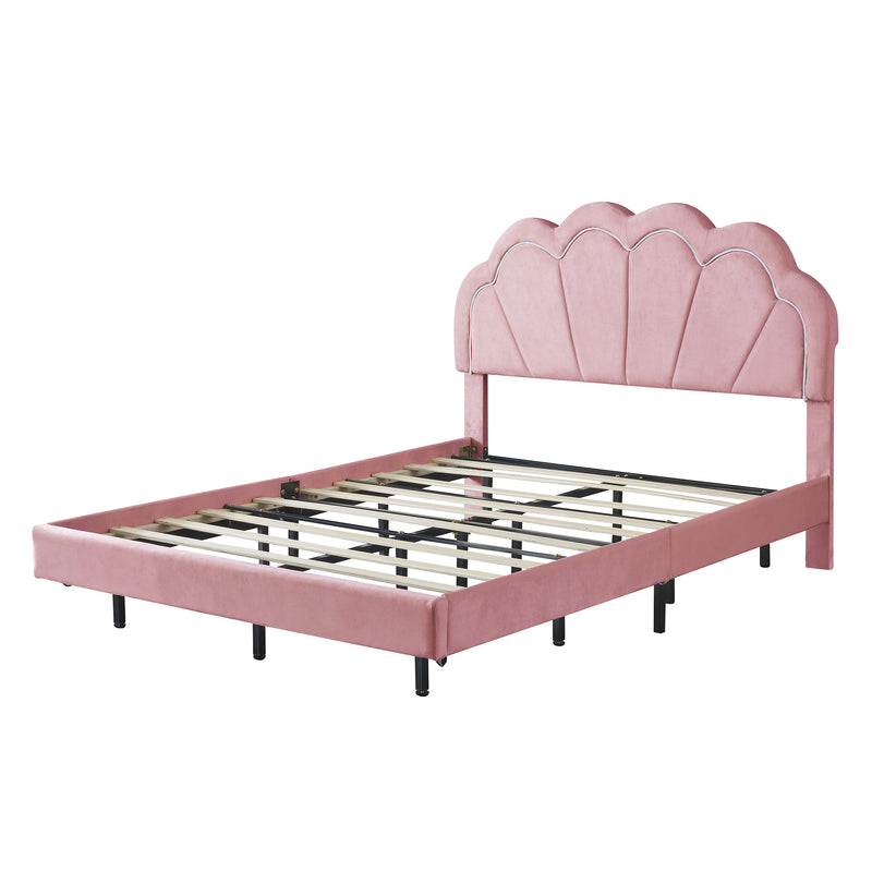 Full Upholstered Smart LED Bed Frame with Elegant Flowers Headboard,Floating Velvet Platform LED Bed with Wooden Slats Support,Pink
