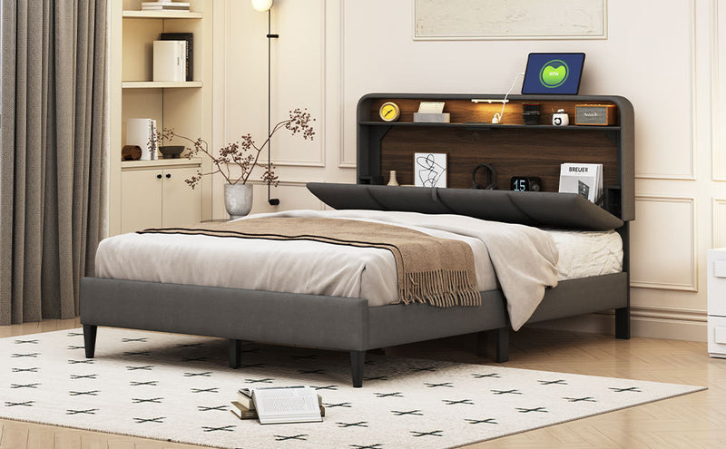 Full size Upholstered Platform Bed with Storage Headboard, Sensor Light and a set of Sockets and USB Ports, Linen Fabric, Gray