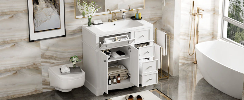 Bathroom Vanity With Resin Sink Combo, Frame Bathroom Storage Cabinet, Freestanding Vanity Set With 3 Drawers & Adjustable Shelf - White
