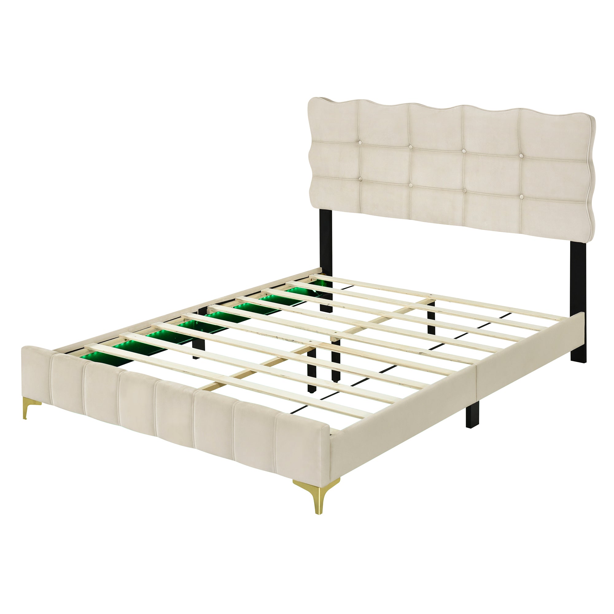 Queen Size Velvet Platform Bed with LED Frame and Stylish Mental Bed Legs, Beige