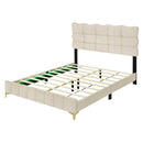 Queen Size Velvet Platform Bed with LED Frame and Stylish Mental Bed Legs, Beige