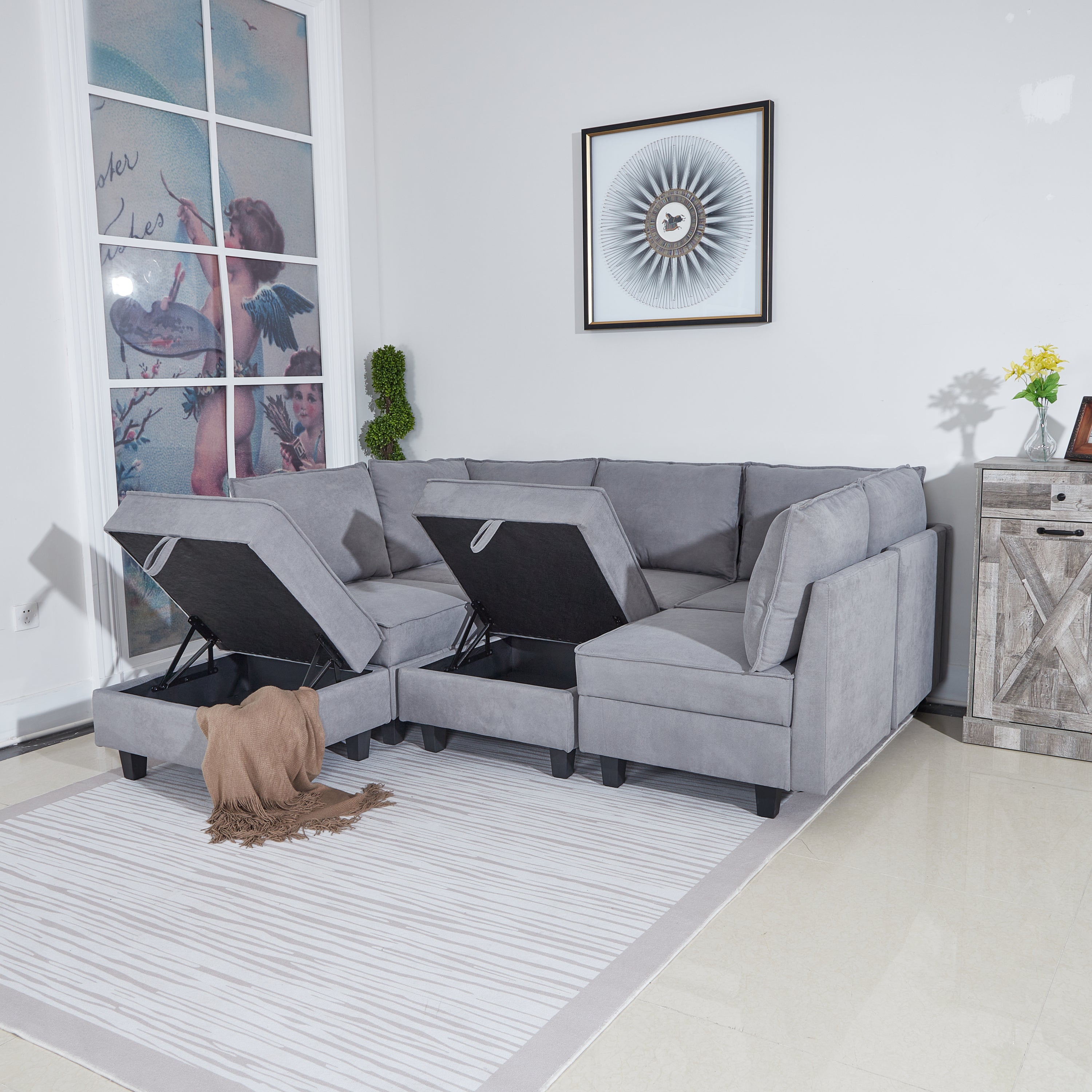 Oversized Modular Sectional Sofa, Chenille U-Shaped Couch with Chaise/Ottoman, 7 Seater Living Room Furniture Sets