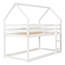 Twin over Twin Loft Bed with Roof Design, Safety Guardrail, Ladder, White