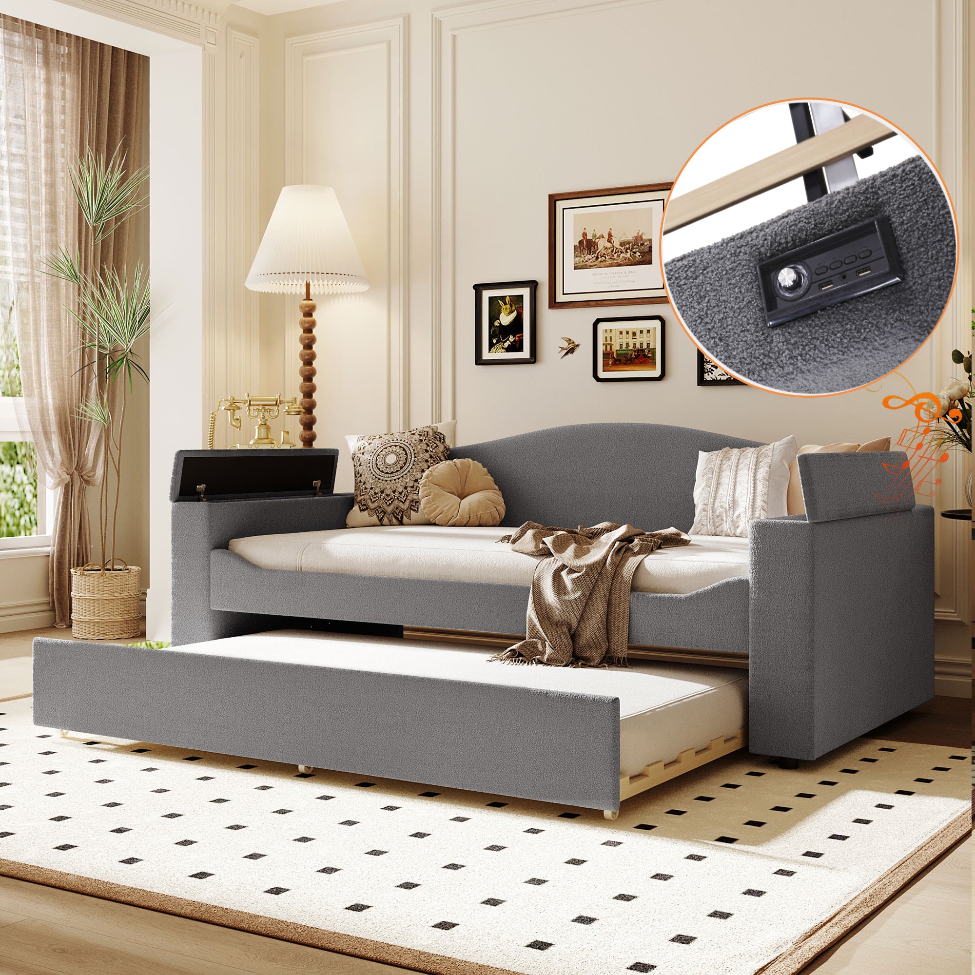 Twin Size Upholstered Daybed with Storage Armrests, Trundle and Latest Integrated Bluetooth Audio System, Teddy Fleece, Gray - Atlantic Fine Furniture Melbourne FL