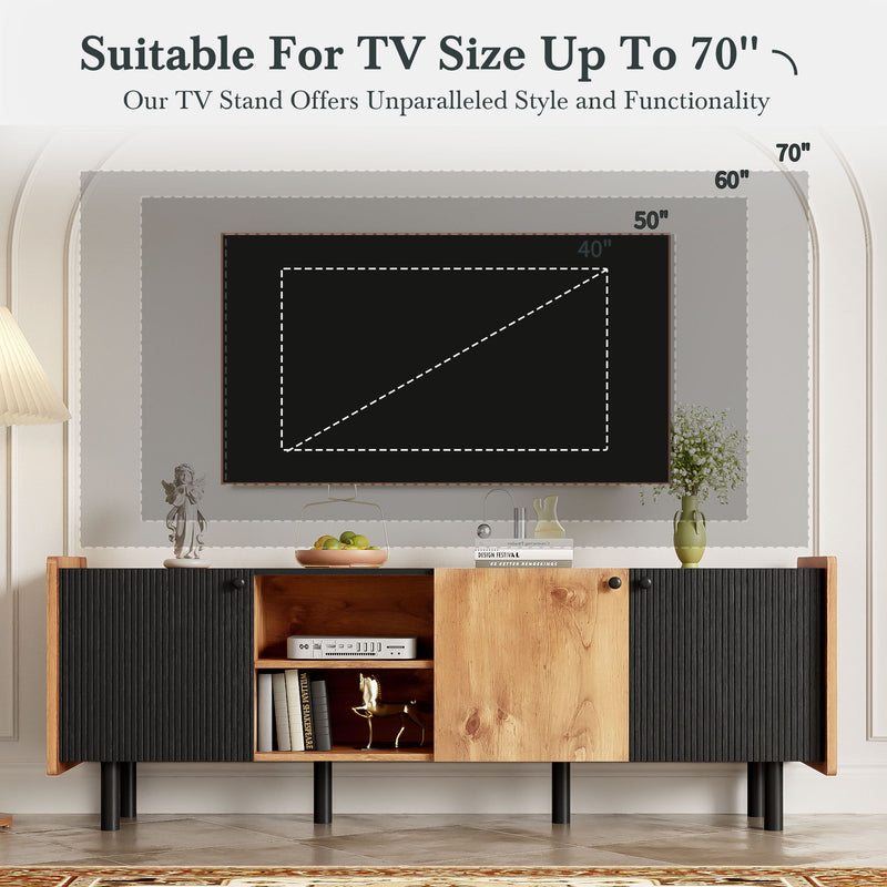 Mid Century TV Stand With 3 Cabinets, Media Console Table For Tvs Up To 70'', Entertainment Center With Storage For Living Room - Black / Brown
