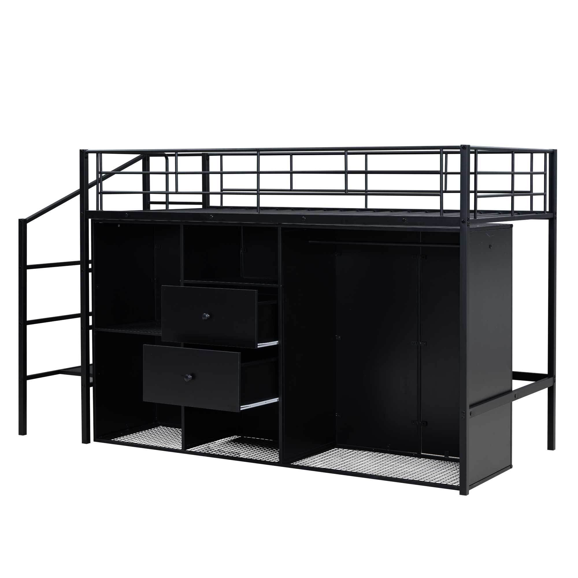 Twin Size Metal Loft Bed with Drawers, Storage Staircase and Small Wardrobe - Atlantic Fine Furniture Melbourne FL