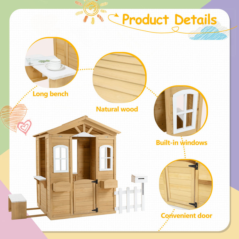 Wooden Playhouse For Kids Outdoor With Working Door, Windows, Mailbox, Bench, Flowers Pot Holder - Natural