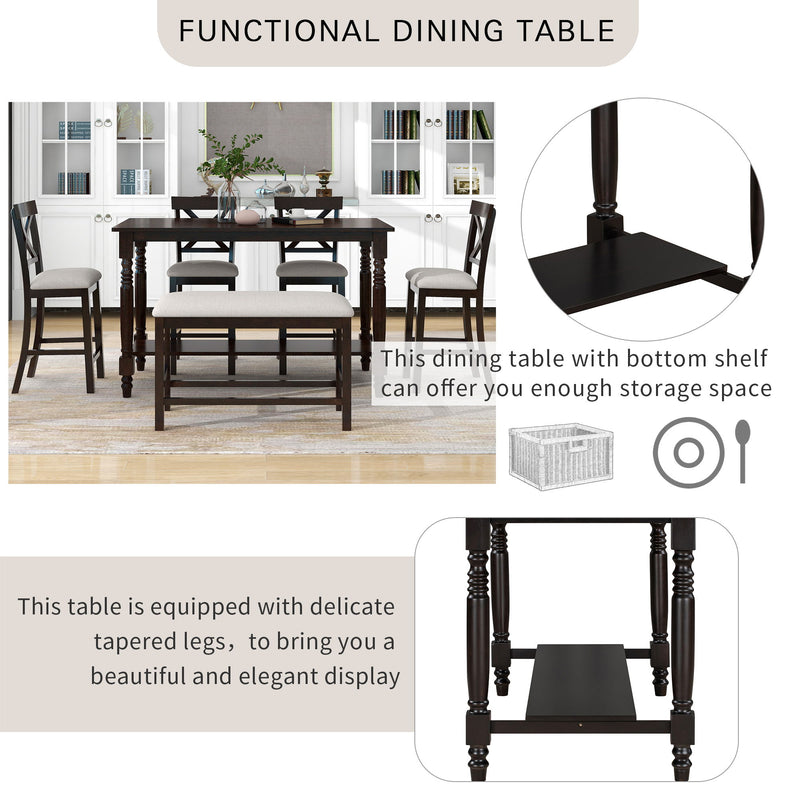 6 Piece Counter Height Dining Table Set With Shelf, 4 Chairs And Bench