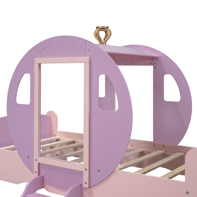Princess Carriage Bed With Crown, Platform Car Bed With Stair