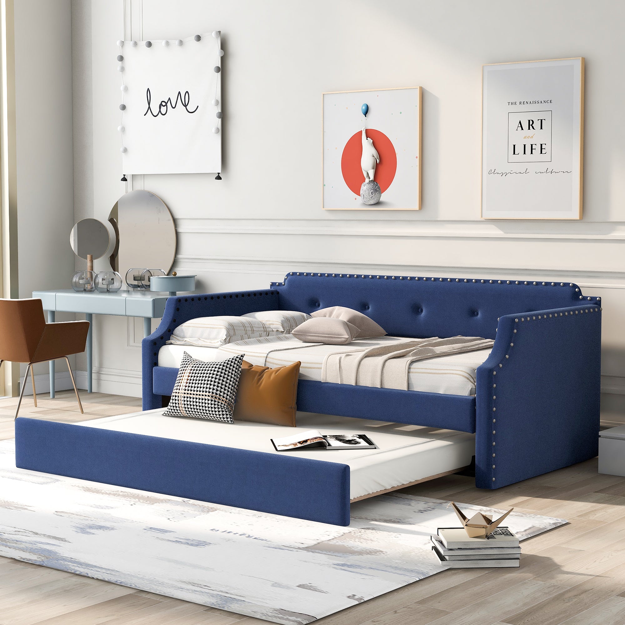 Upholstered Daybed with Trundle, Wood Slat Support,Upholstered Frame Sofa Bed , Twin,Blue - Atlantic Fine Furniture Melbourne FL