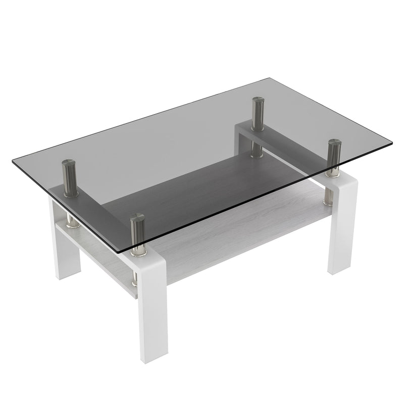 Modern Rectangular Coffee Table With Tempered Transparent Glass Top And Storage Shelf
