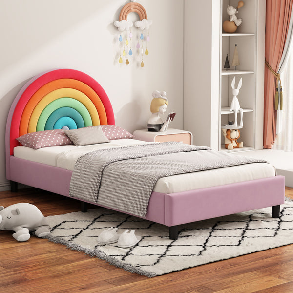 Rainbow Design Upholstered Twin Platform Bed Cute Style Princess Bed For Boys & Girls, Teens - Colorful / Pink