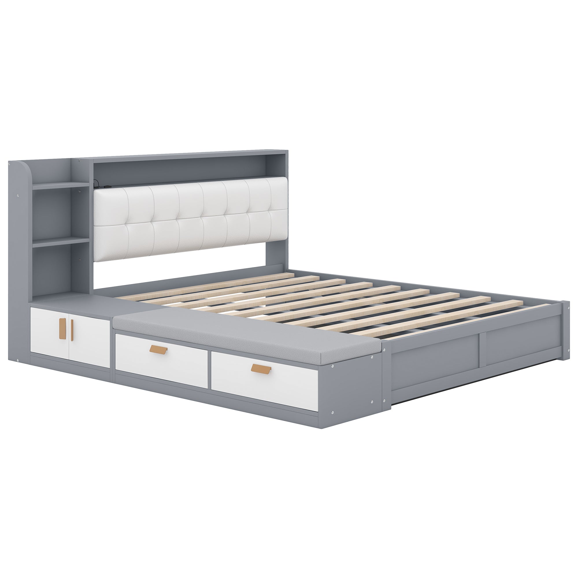 Queen Size Platform Bed Frame with Upholstery Headboard and Storage Shelves and,USB Charging,Gray - Atlantic Fine Furniture Melbourne FL