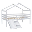Low Loft House Bed With Slide, Ladder, Safety Guardrails, House Roof Frame