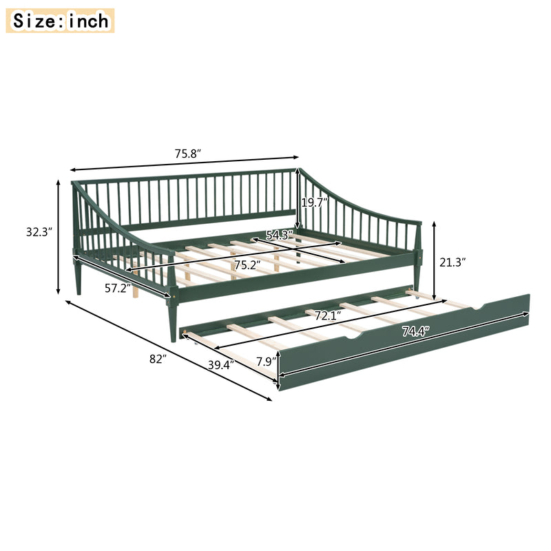 Full Size Daybed with Trundle and Support Legs, Green