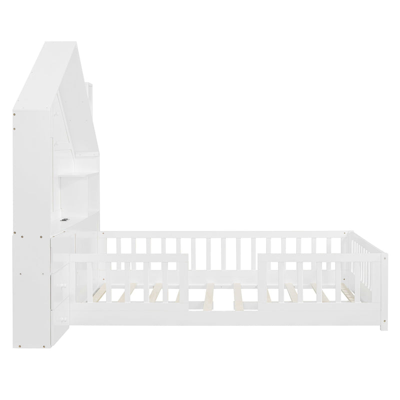 Full Size House Bed With Window And Bedside Drawers, Platform Bed With Shelves And A Set Of Sockets And USB Port - White