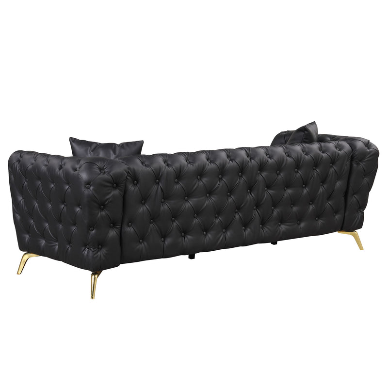 Modern Sofa Couch PU Upholstered Sofa With Sturdy Metal Legs, Button Tufted Back, 3 Seater Sofa Couch For Living Room, Apartment, Home Office - Black