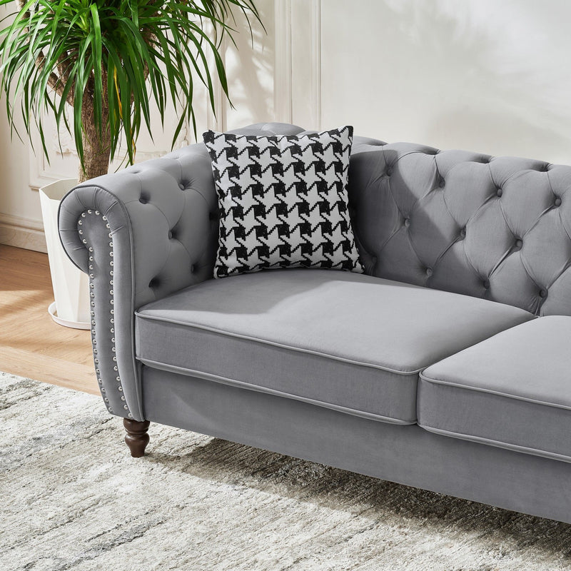 Chesterfield Velvet Upholstery Fabric Sofa With Roll Armrest & Nailhead