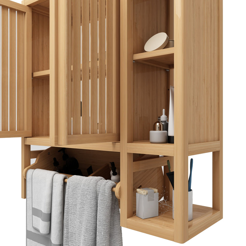 Elegant Bamboo Wall Mounted Bathroom Cabinet With Storage For Toiletries And Towels - Neutral
