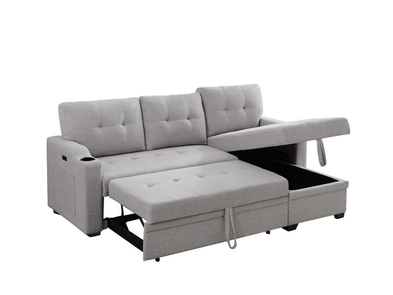 Mabel - Linen Fabric Sleeper Sectional With Cupholder, USB Charging Port And Pocket