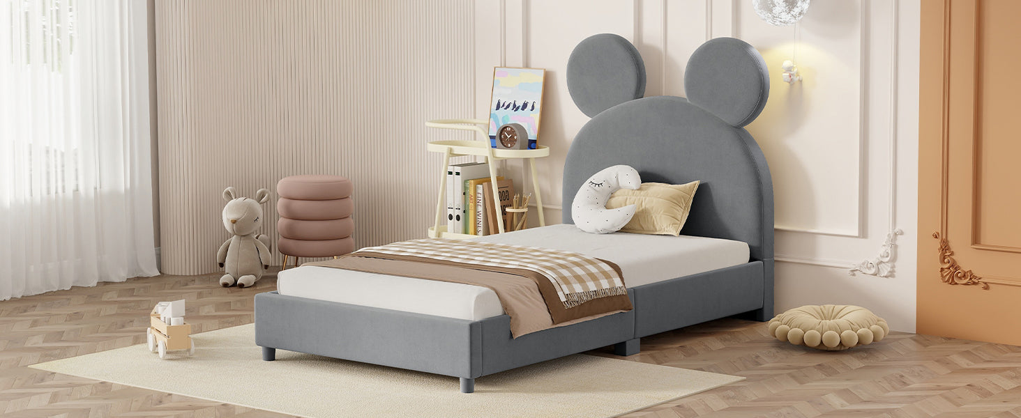 Twin Size Upholstered Platform Bed with Bear Ear Shaped Headboard, Gray - Atlantic Fine Furniture Melbourne FL