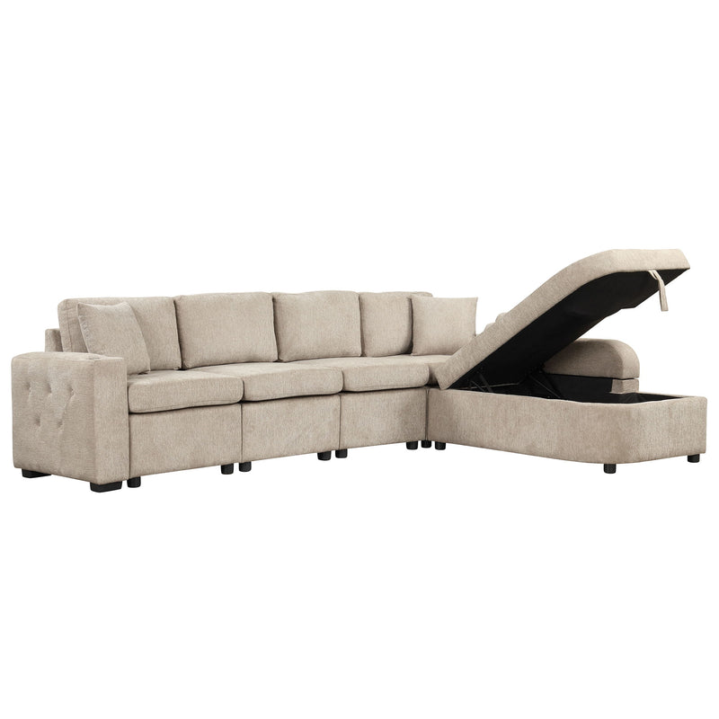 L-Shaped Couch Sectional Sofa With Storage Chaise, Cup Holder And USB Ports For Living Room