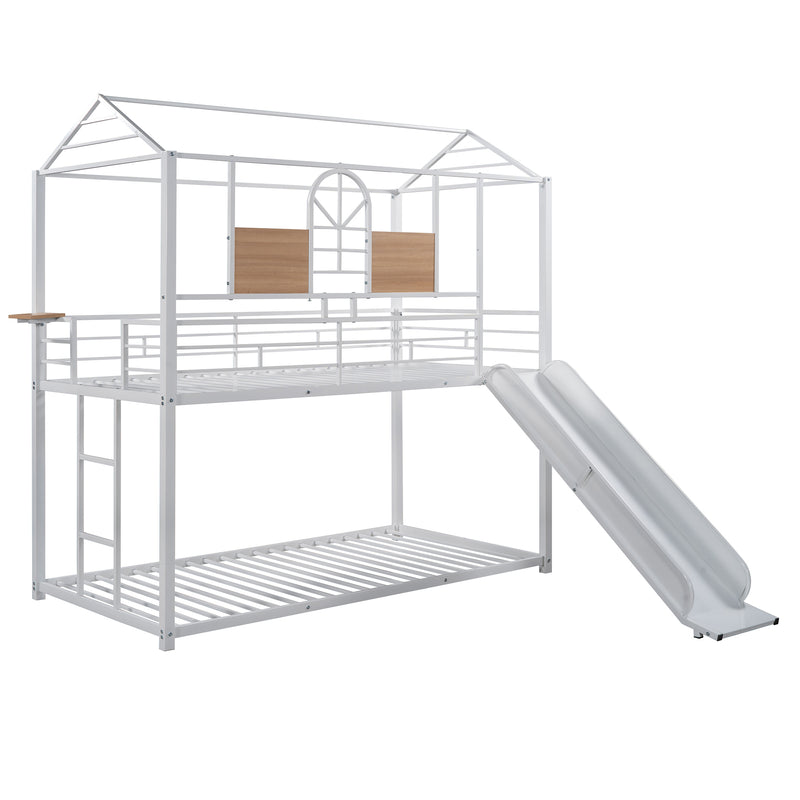 Twin Over Twin Metal Bunk Bed ,Metal Housebed With Slide,Three Colors Available.(White with White  Slide)(OLD SKU :LP000095AAK)