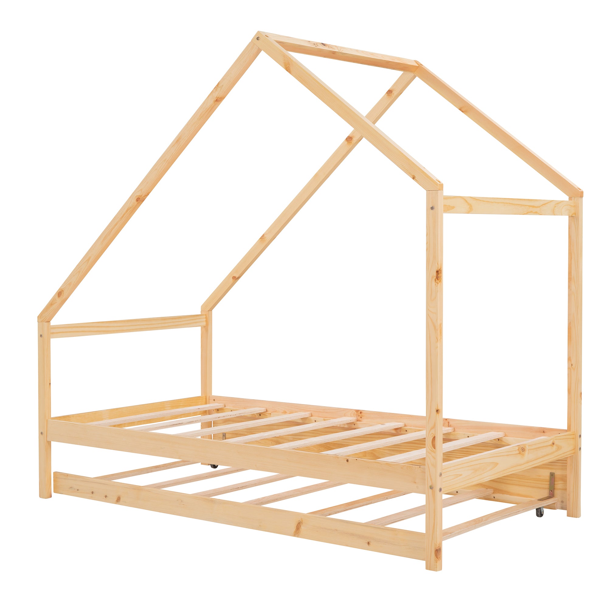 Twin Size Wooden House Bed With Twin Size Trundle, Natural - Atlantic Fine Furniture Melbourne FL