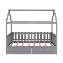 Twin Size House Bed with drawers, Fence-shaped Guardrail, Gray
