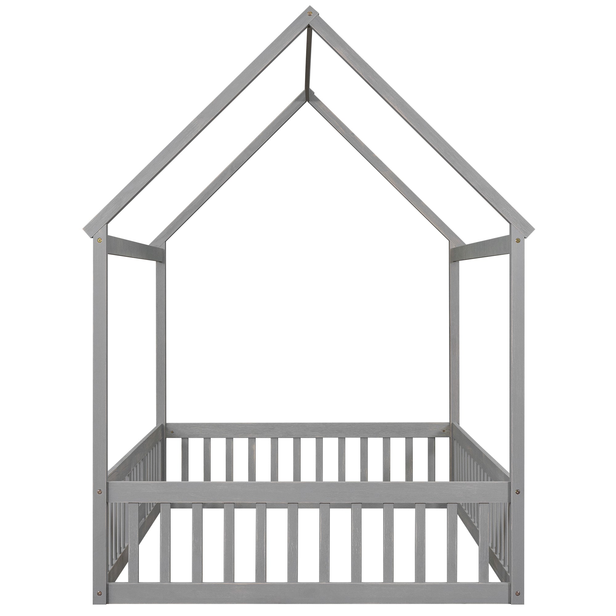 Full Size Wood House Bed with Fence and Door, Gray Wash - Atlantic Fine Furniture Melbourne FL