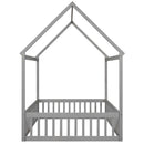 Full Size Wood House Bed with Fence and Door, Gray Wash