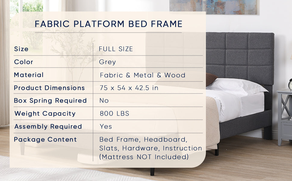 Full Size Platform Bed Frame with Fabric Upholstered Headboard and Wooden Slats, No Box Spring Needed/Easy Assembly, Grey - Atlantic Fine Furniture Melbourne FL