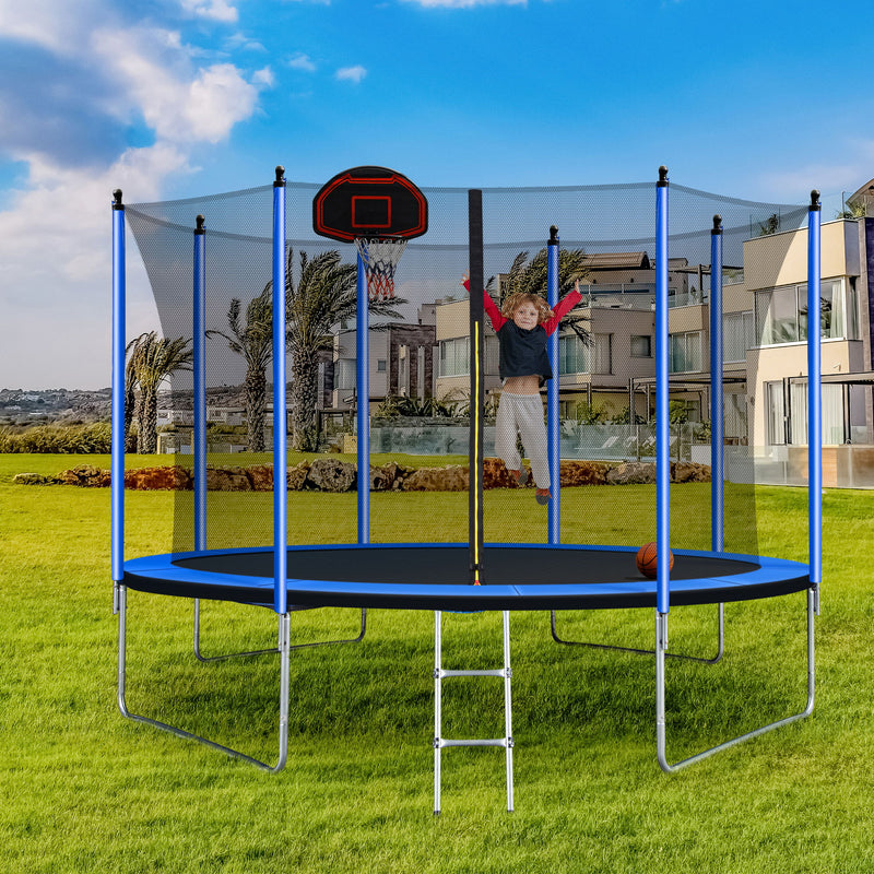 10Ft Trampoline With Basketball Hoop Inflator And Ladder (Inner Safety Enclosure) - Blue