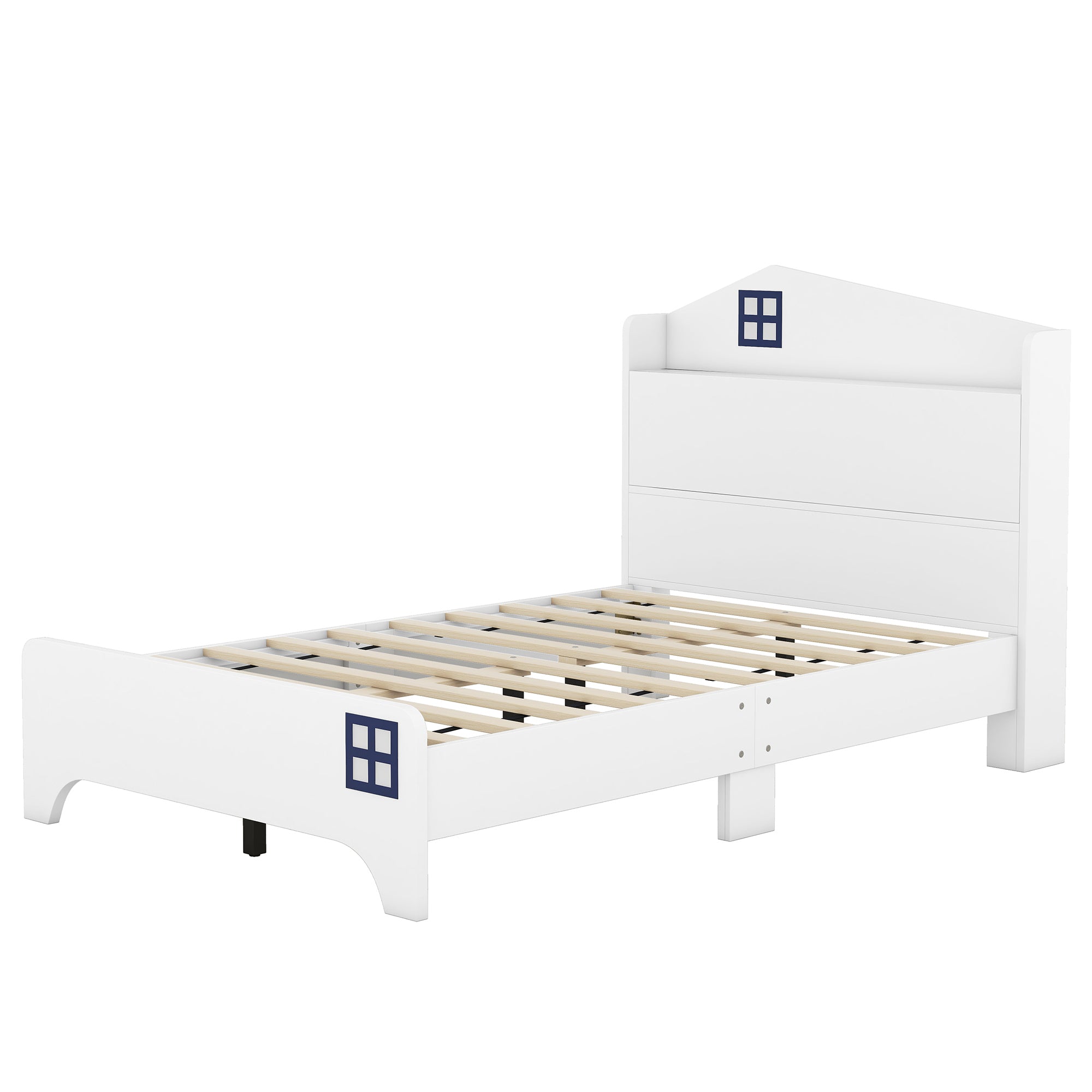 Wooden Twin Size House Bed with Storage Headboard ,Kids Bed with Storage Shelf, White - Atlantic Fine Furniture Melbourne FL