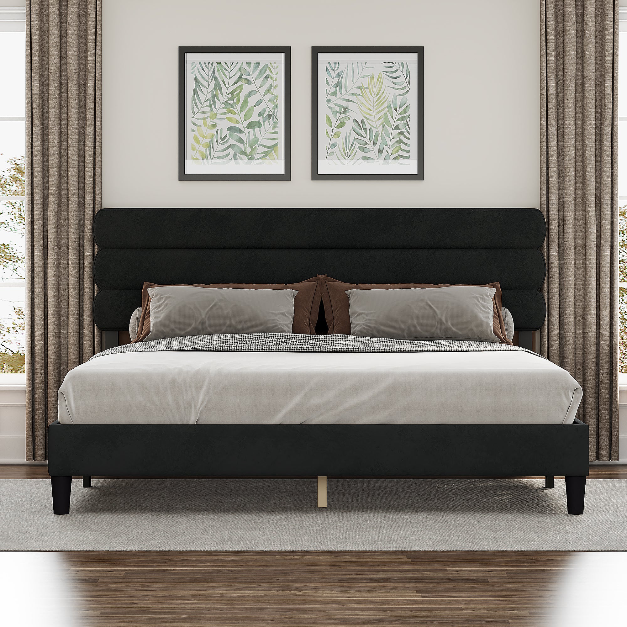 King Bed Frame with Headboard,Sturdy Platform Bed with Wooden Slats Support,No Box Spring,Mattress Foundation,Easy Assembly  Dark grey