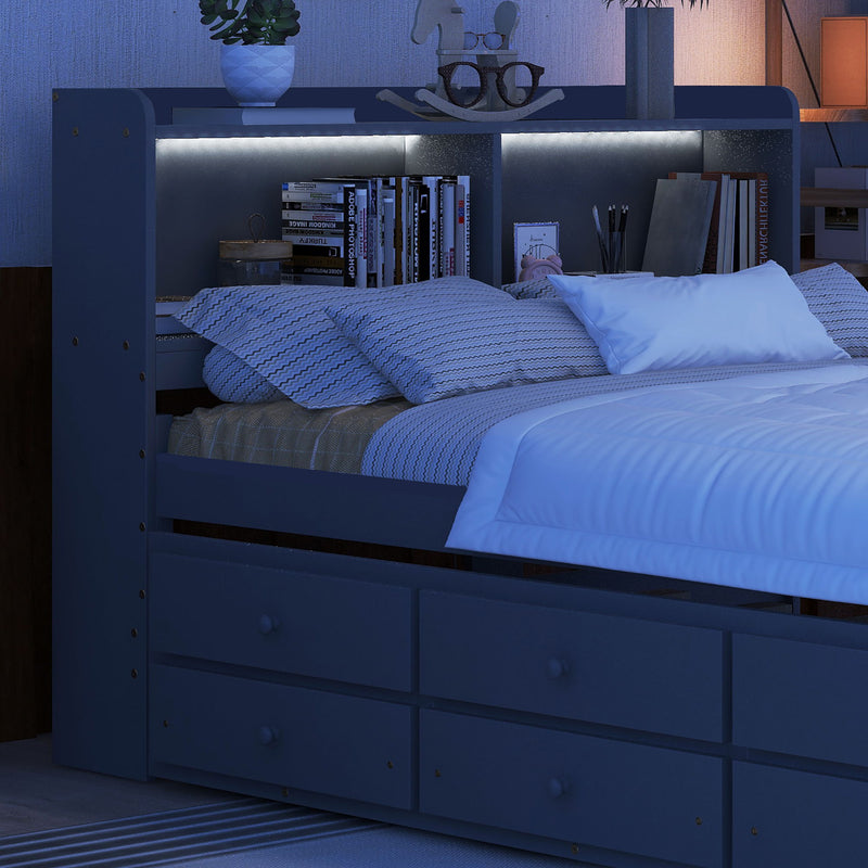 Bed With USB & Type-C Ports, LED Light, Bookcase Headboard, Trundle And 3 Storage Drawers, Bed With Bookcase Headboard, Trundle And Storage Drawers