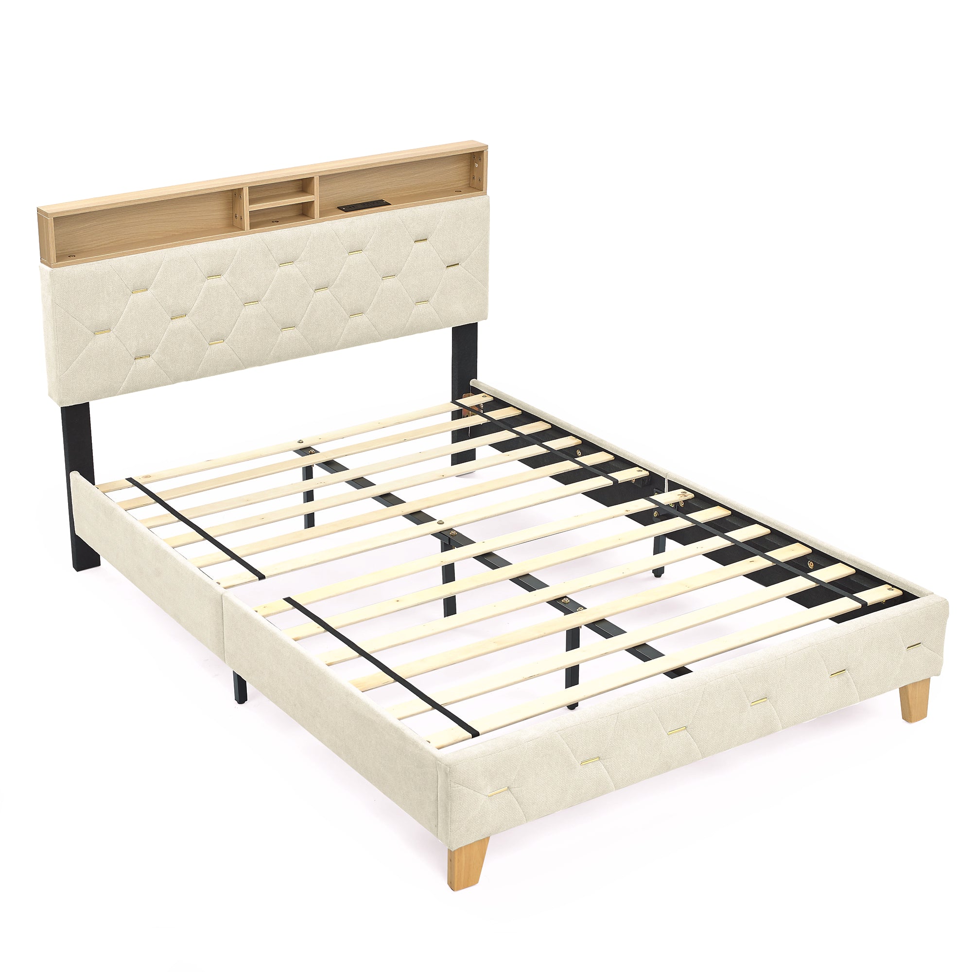 Full Size Bed Frame, Shelf Upholstered Headboard, Platform Bed with Outlet & USB Ports, Wood Legs, No Box Spring Needed, Easy Assembly, Beige - Atlantic Fine Furniture Melbourne FL
