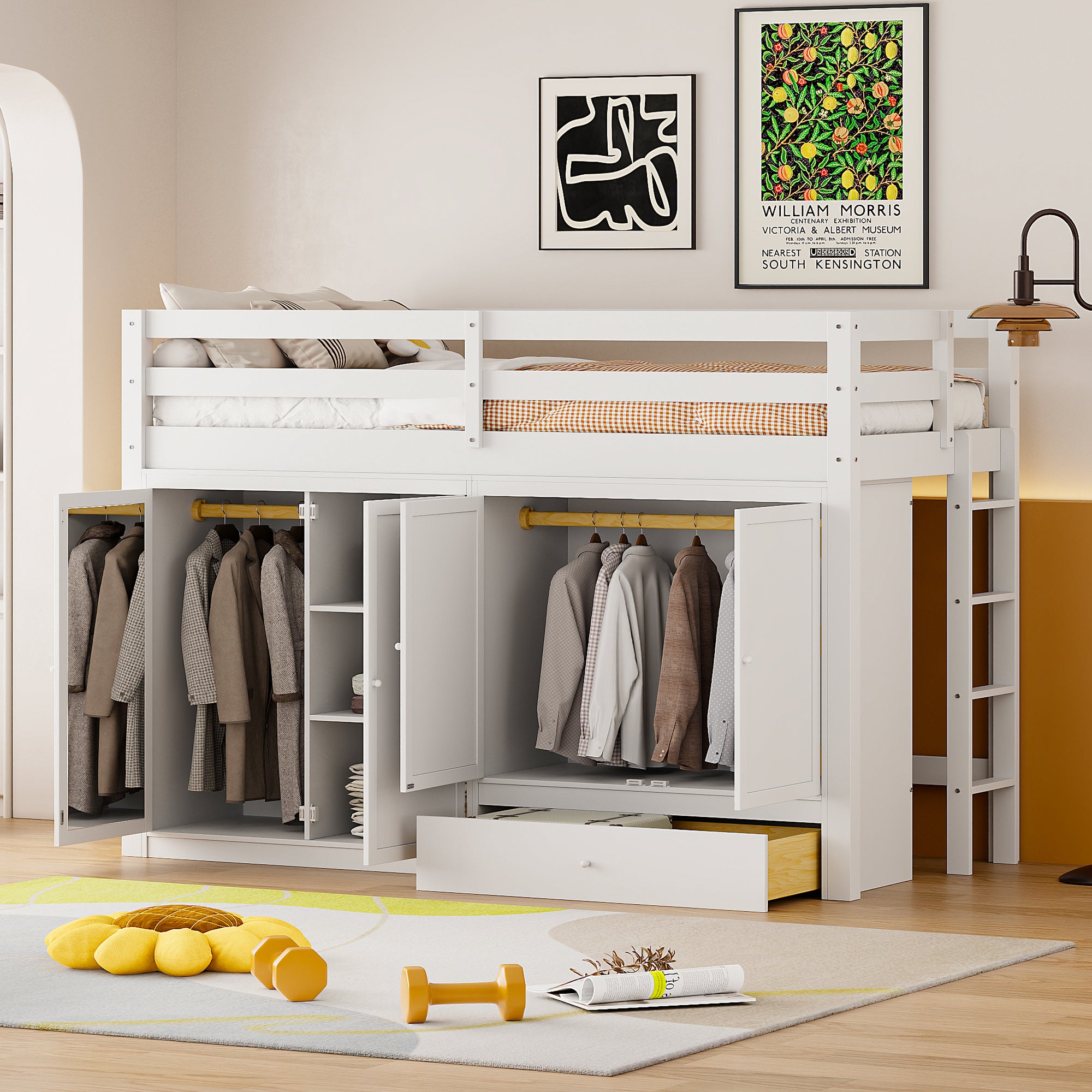 Twin size Loft Bed with Drawer, Two Wardrobes and Mirror, White - Atlantic Fine Furniture Melbourne FL