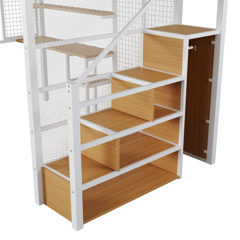 Metal Loft Bed With Wardrobe, Desk, Storage Shelves