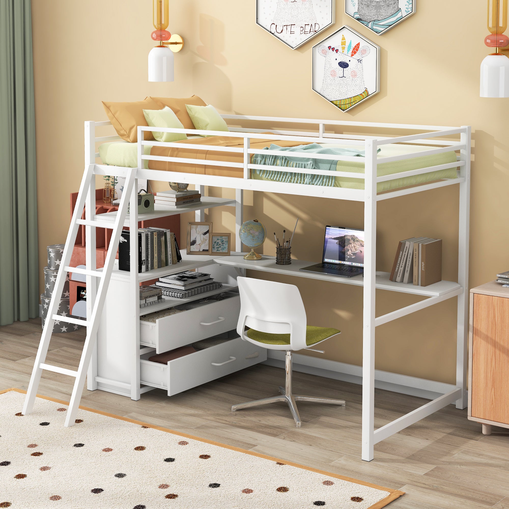 Twin Size Metal&Wood Loft Bed with Desk and Shelves, Two Built-in Drawers, White - Atlantic Fine Furniture Melbourne FL
