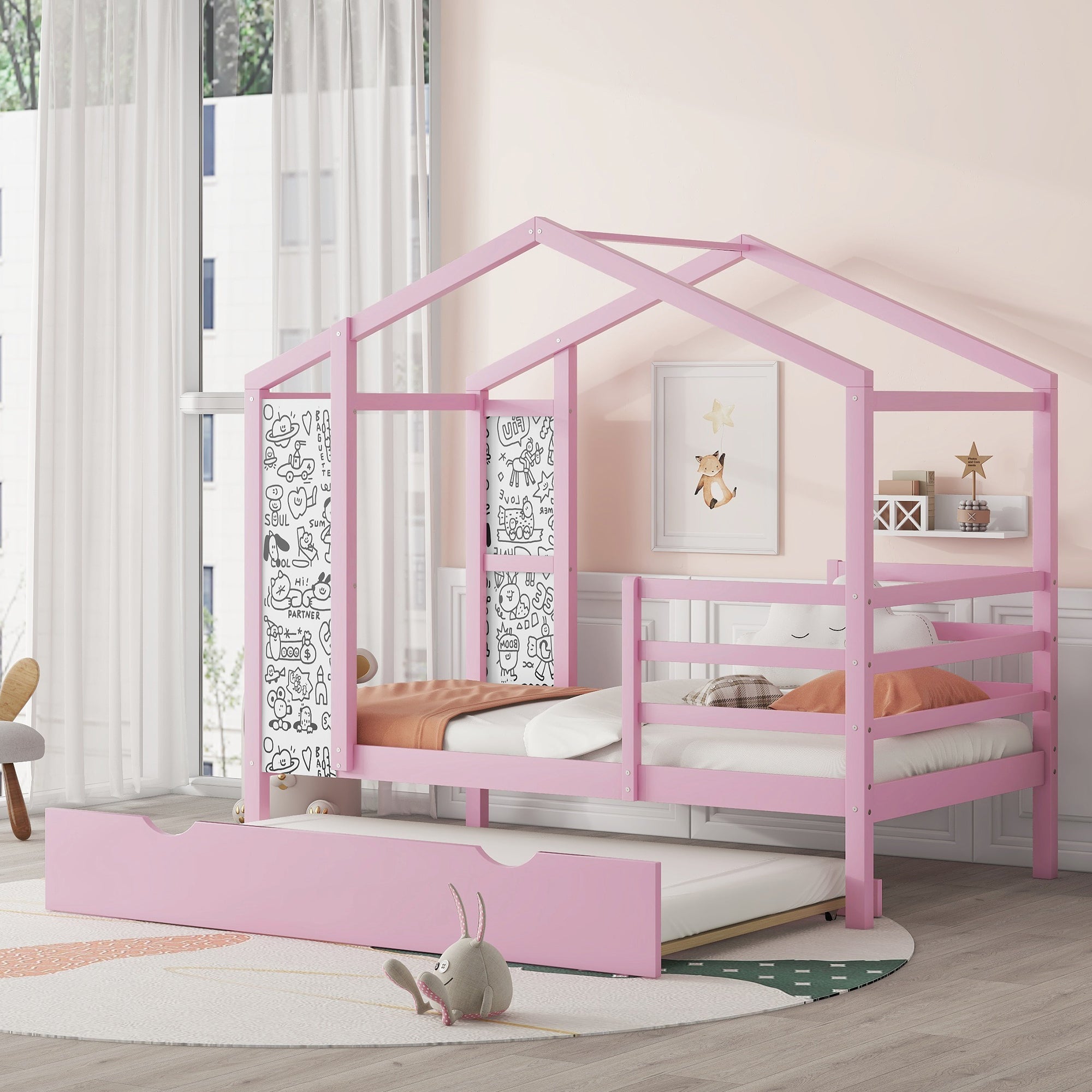 Twin Size Wood House Bed with Fence and Writing Board,Pink - Atlantic Fine Furniture Melbourne FL